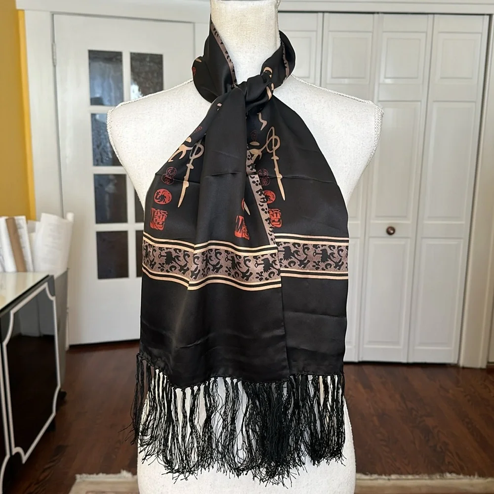 Black 100% Silk Scarf with Fringe Gold Asian Motif Print